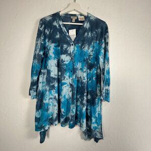 Logo Beach To Street Womens Tie-Dye Button-Down Tunic Top Medium Blue Artsy New
